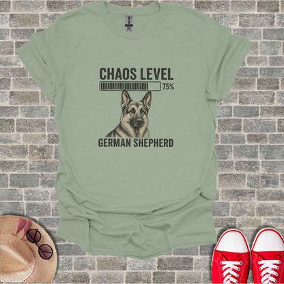 T-shirt with German Shepherd graphic and "Chaos Level 75%" text.