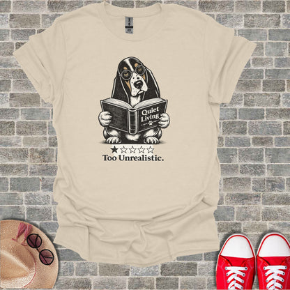 Basset hound wearing glasses reads a book titled "Quiet Living".