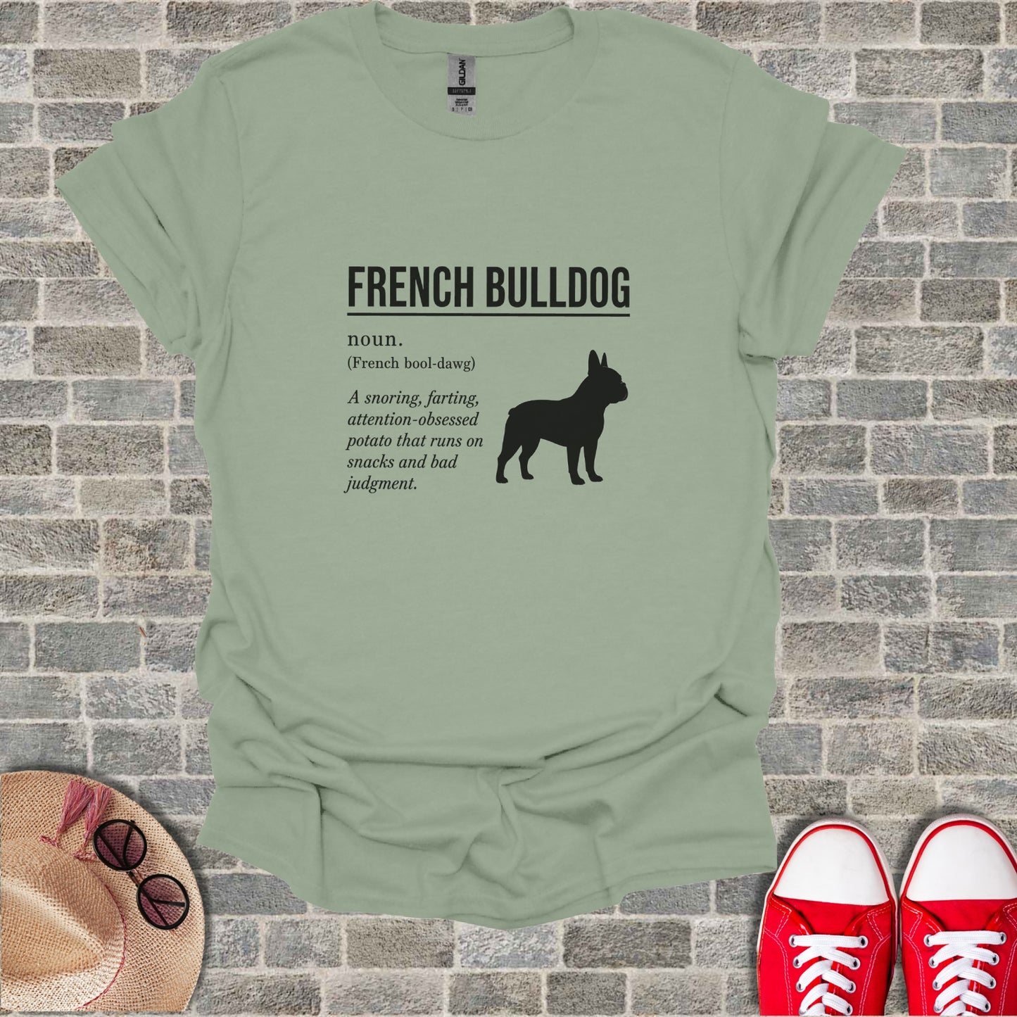 French Bulldog definition with silhouette on a muted green t-shirt.