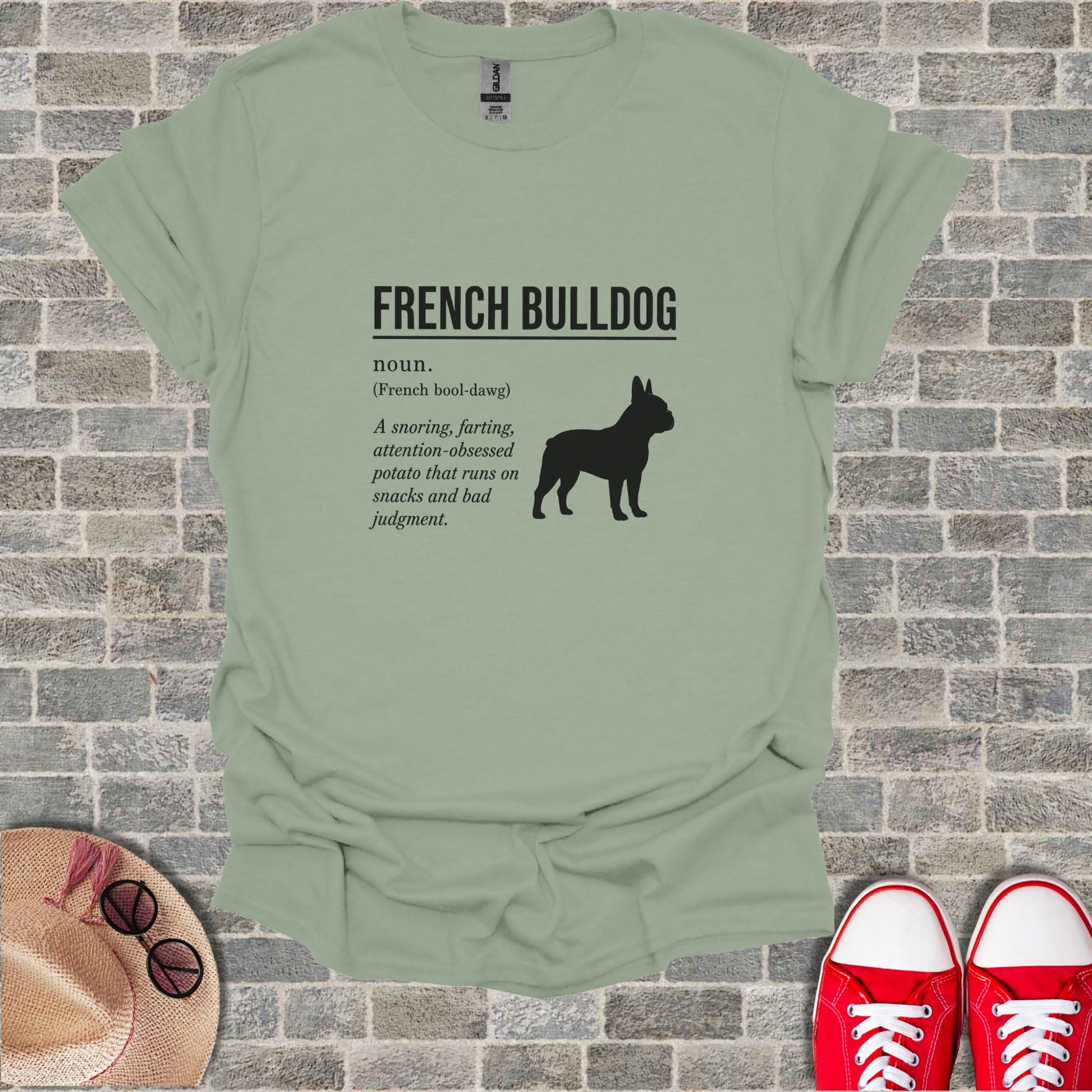 French Bulldog definition with silhouette on a muted green t-shirt.