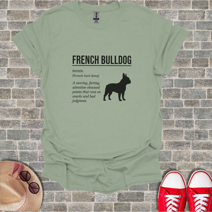 French Bulldog definition with silhouette on a muted green t-shirt.