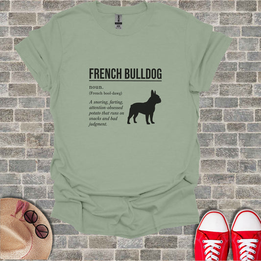 French Bulldog definition with silhouette on a muted green t-shirt.