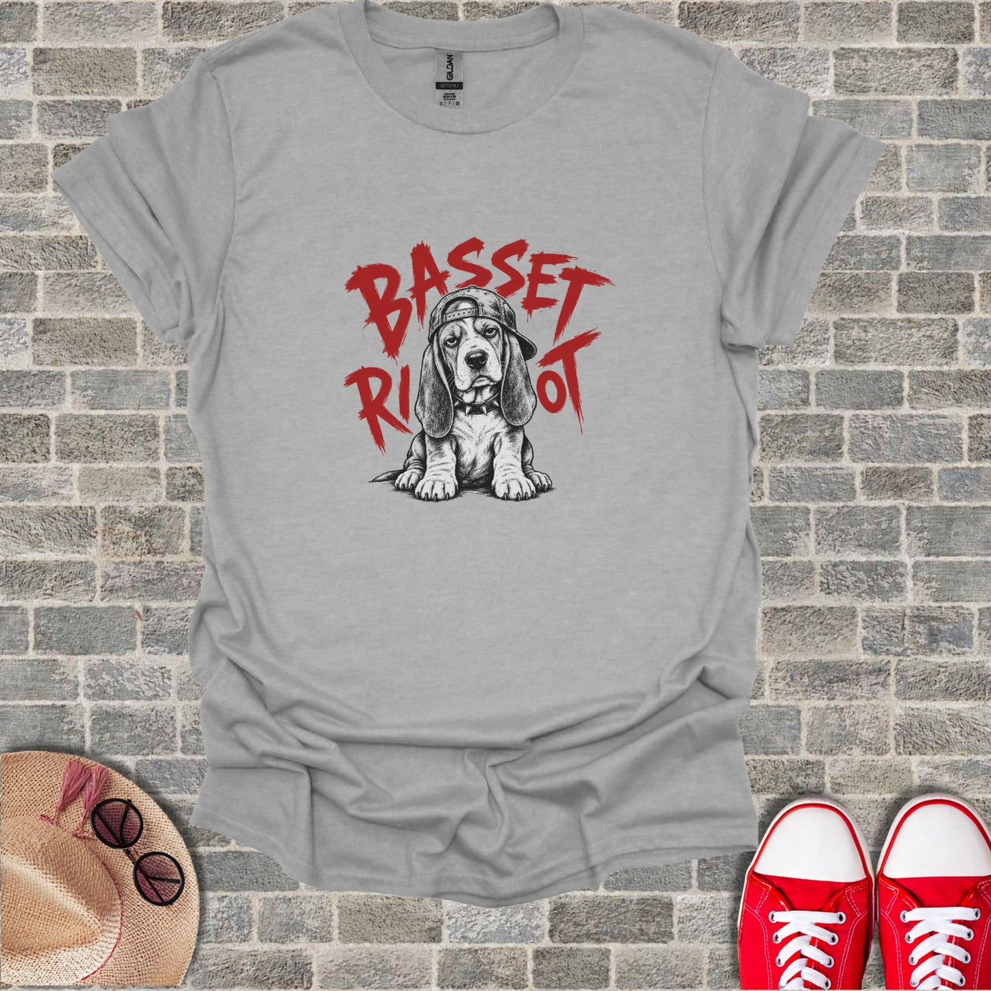 Gray t-shirt with graphic of a basset hound wearing a baseball cap.
