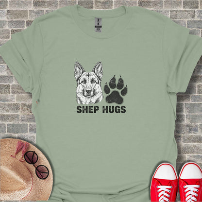 T-shirt with German Shepherd face and paw print graphic.
