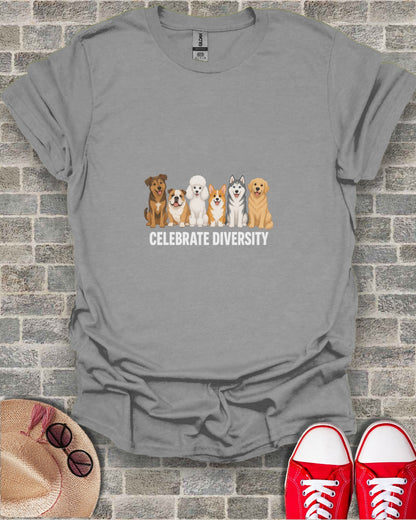 Dogs of different breeds standing together with "Celebrate Diversity" text.