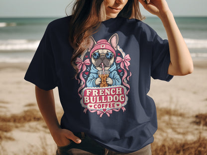 French Bulldog wearing sunglasses and hat drinking coffee, text French Bulldog Coffee.