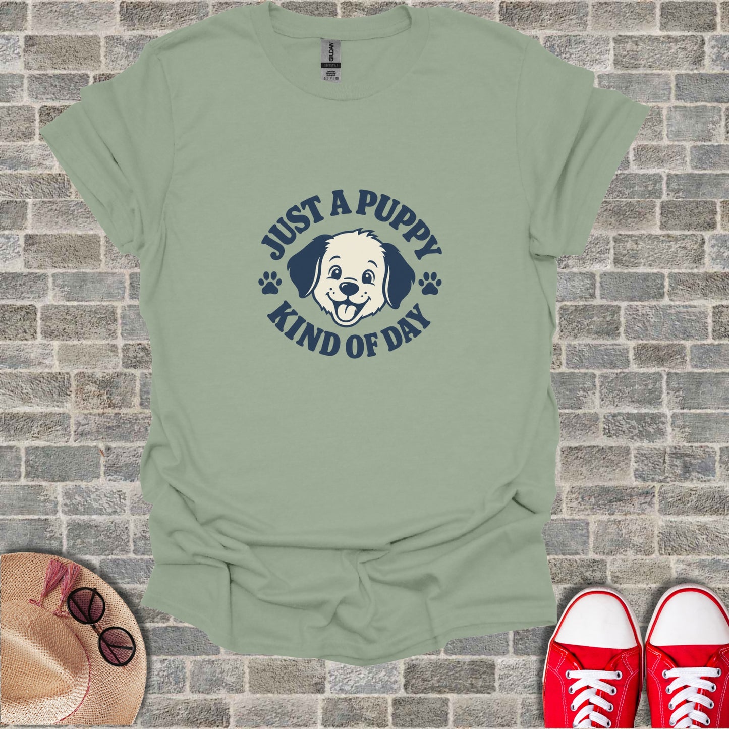 T-shirt with "Just a puppy kind of day" text and puppy illustration.