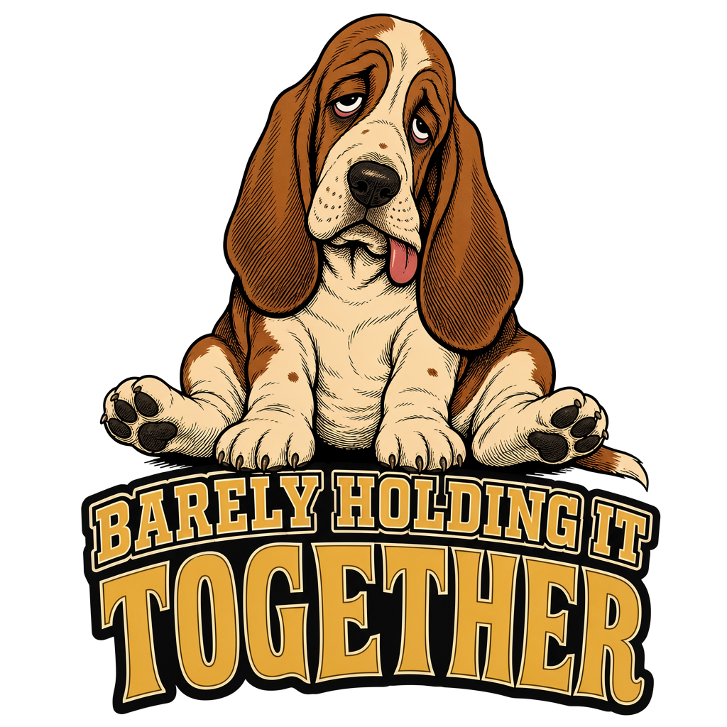 Basset hound with drooping eyes and tongue out, text says "barely holding it together".