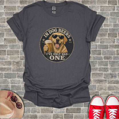 Dark gray t-shirt with a dog wearing sunglasses holding a beer and text.