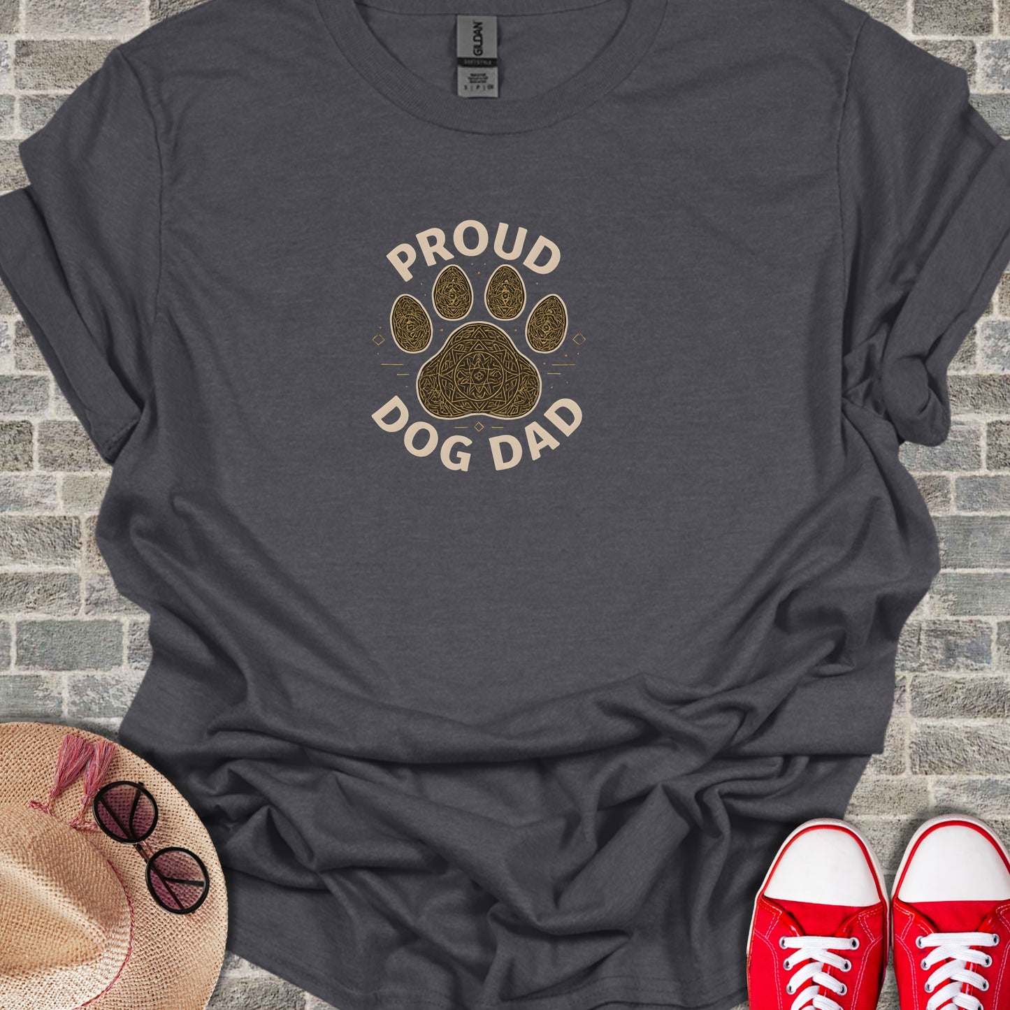 Dark gray t-shirt with "Proud Dog Dad" text and a paw print design.
