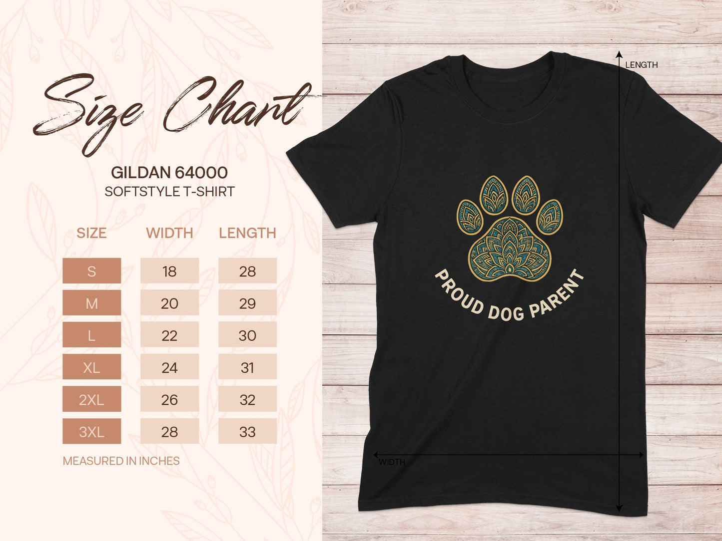 Gildan Softstyle t-shirt size chart with width and length measurements in inches.