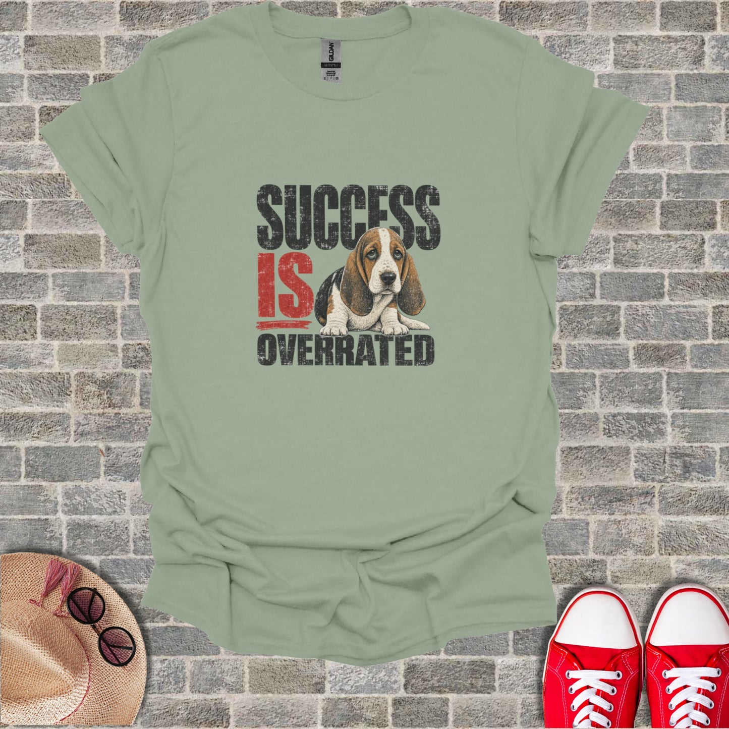 T-shirt with "SUCCESS IS OVERRATED" text and a Basset Hound dog.