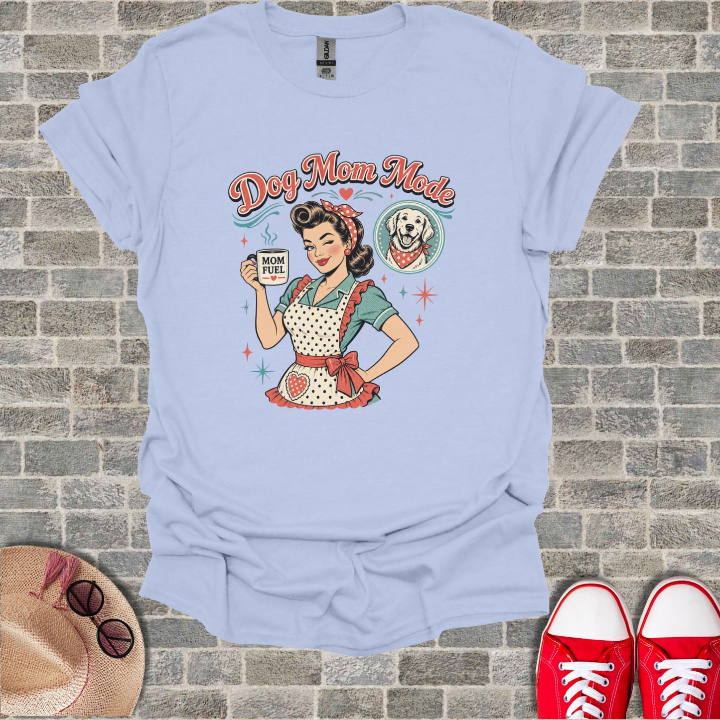 T-shirt graphic: "Dog Mom Mode" text, woman with coffee cup, and a dog wearing a bandana.