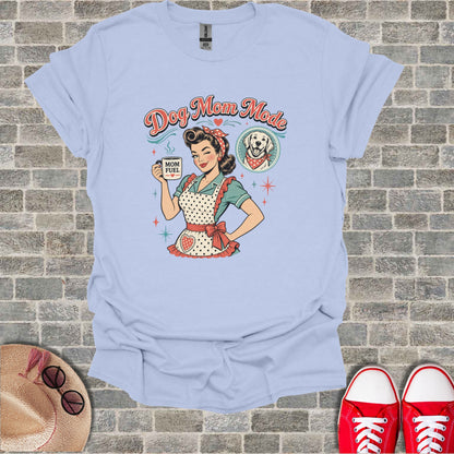T-shirt graphic: "Dog Mom Mode" text, woman with coffee cup, and a dog wearing a bandana.