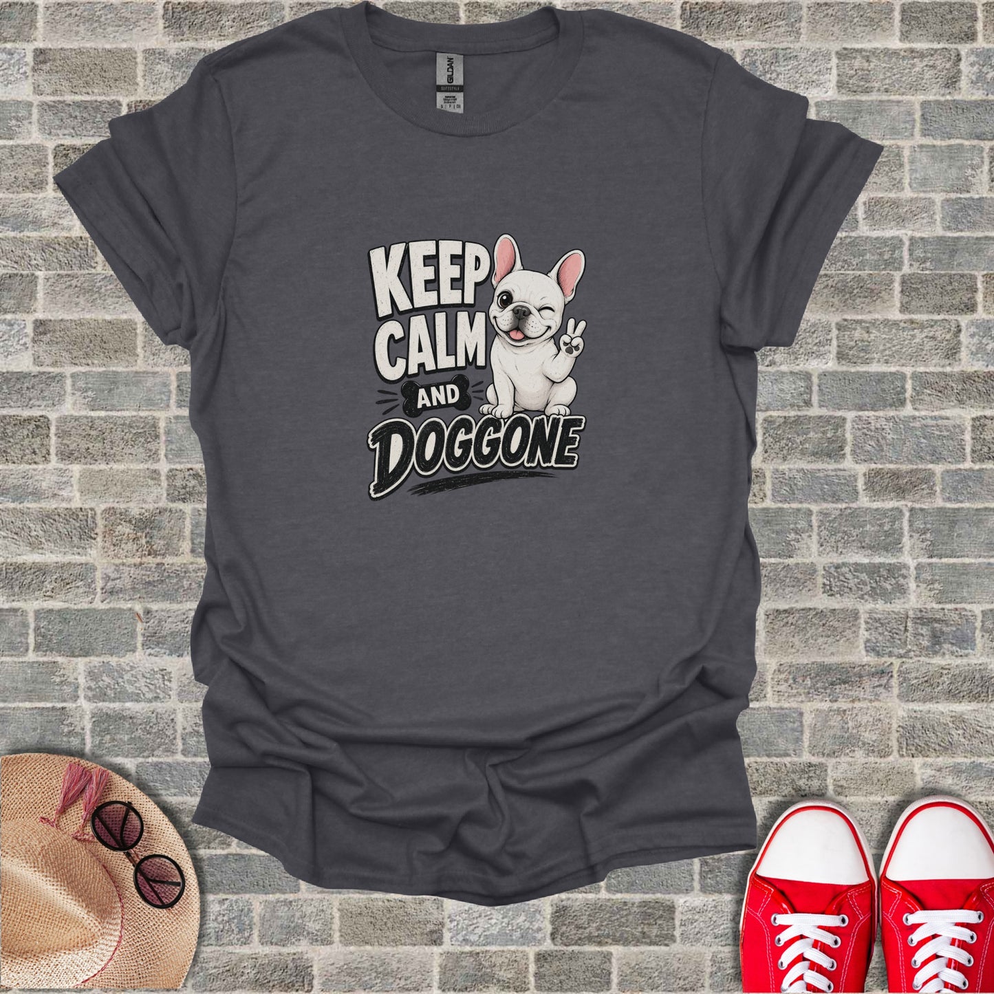 Dark gray t-shirt with "KEEP CALM AND DOGGONE" and a French bulldog graphic.