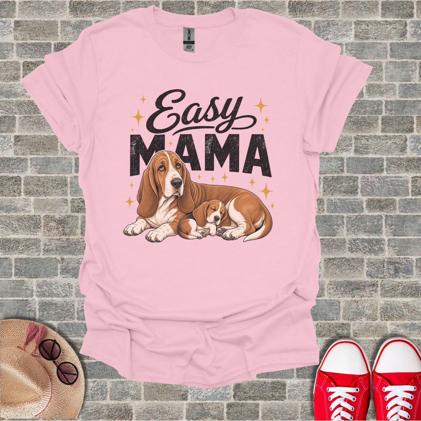Pink t-shirt with a graphic of two Basset Hounds and the text "Easy MAMA".