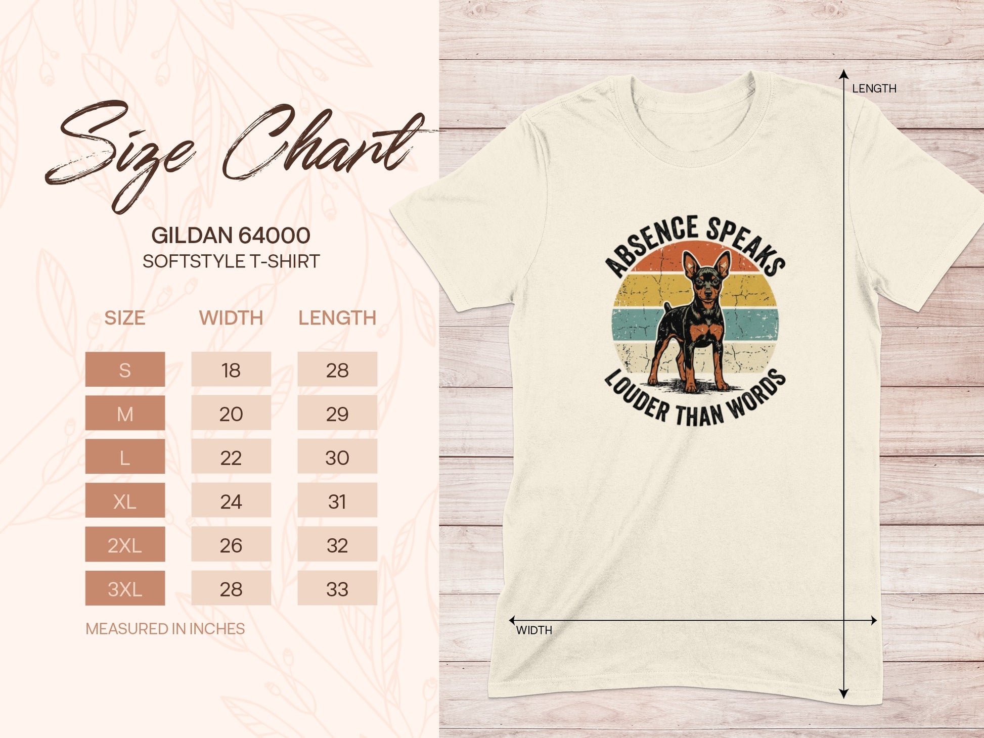 Gildan 64000 size chart for softstyle t-shirt with dog graphic.