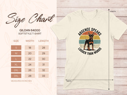 Gildan 64000 size chart for softstyle t-shirt with dog graphic.