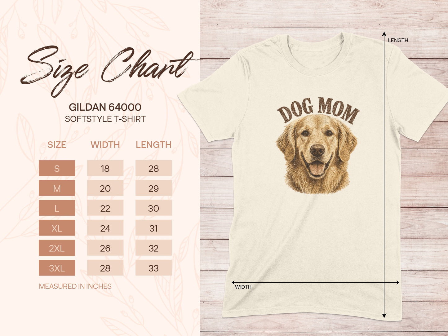 Size chart for Gildan 64000 softstyle t-shirt with dog mom graphic.