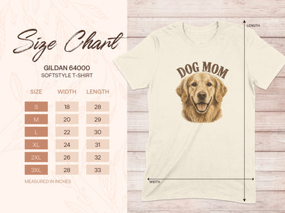 Size chart for Gildan 64000 softstyle t-shirt with dog mom graphic.
