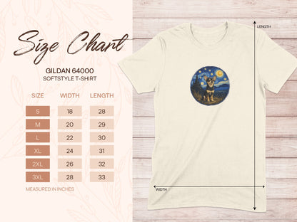 Gildan 64000 size chart for a softstyle t-shirt with width and length measurements.