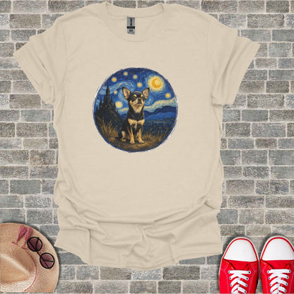 Chihuahua sitting under a starry night sky in a Van Gogh style painting on a t-shirt.