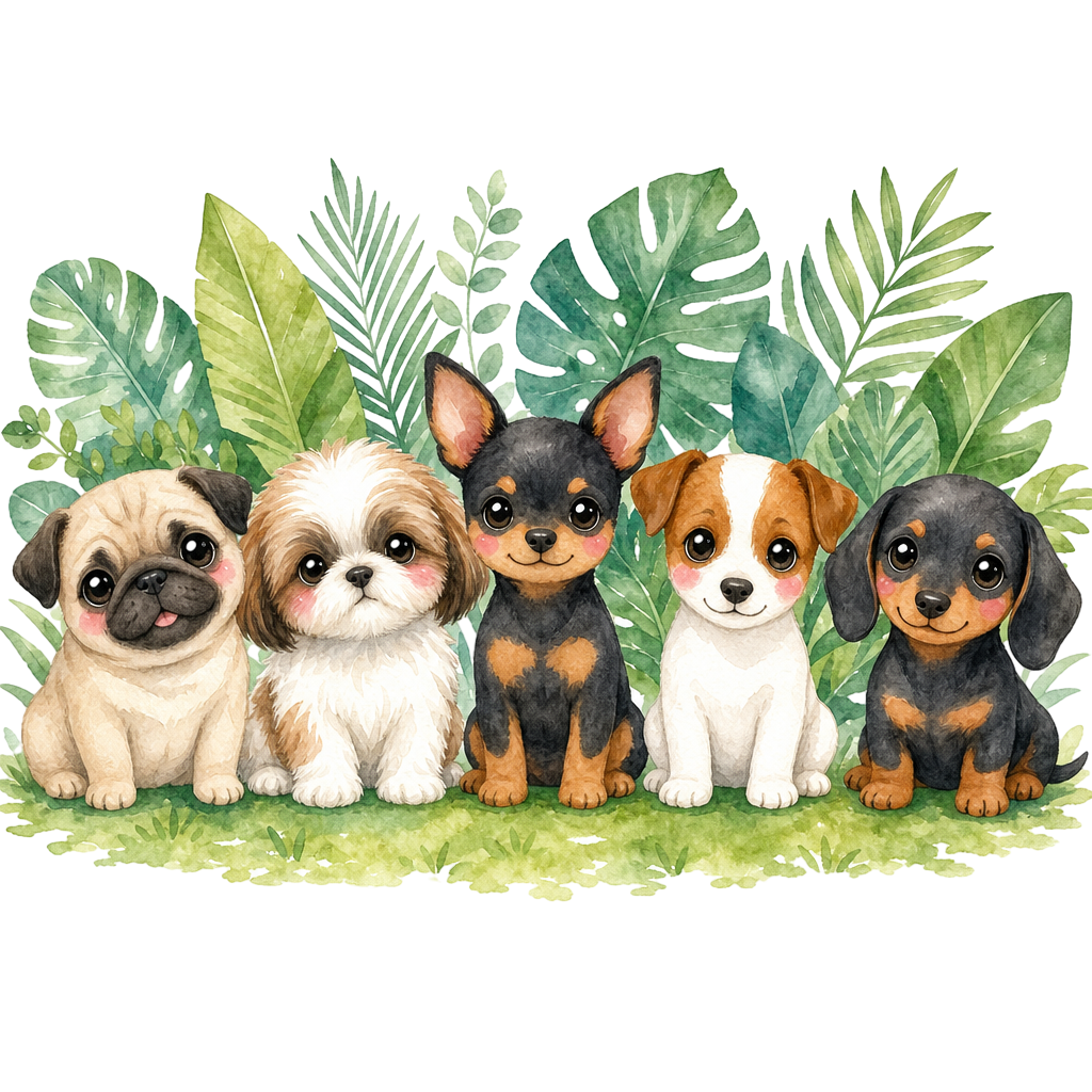 Five cartoon puppies of different breeds sit on grass with tropical leaves.