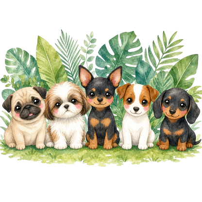Five cartoon puppies of different breeds sit on grass with tropical leaves.