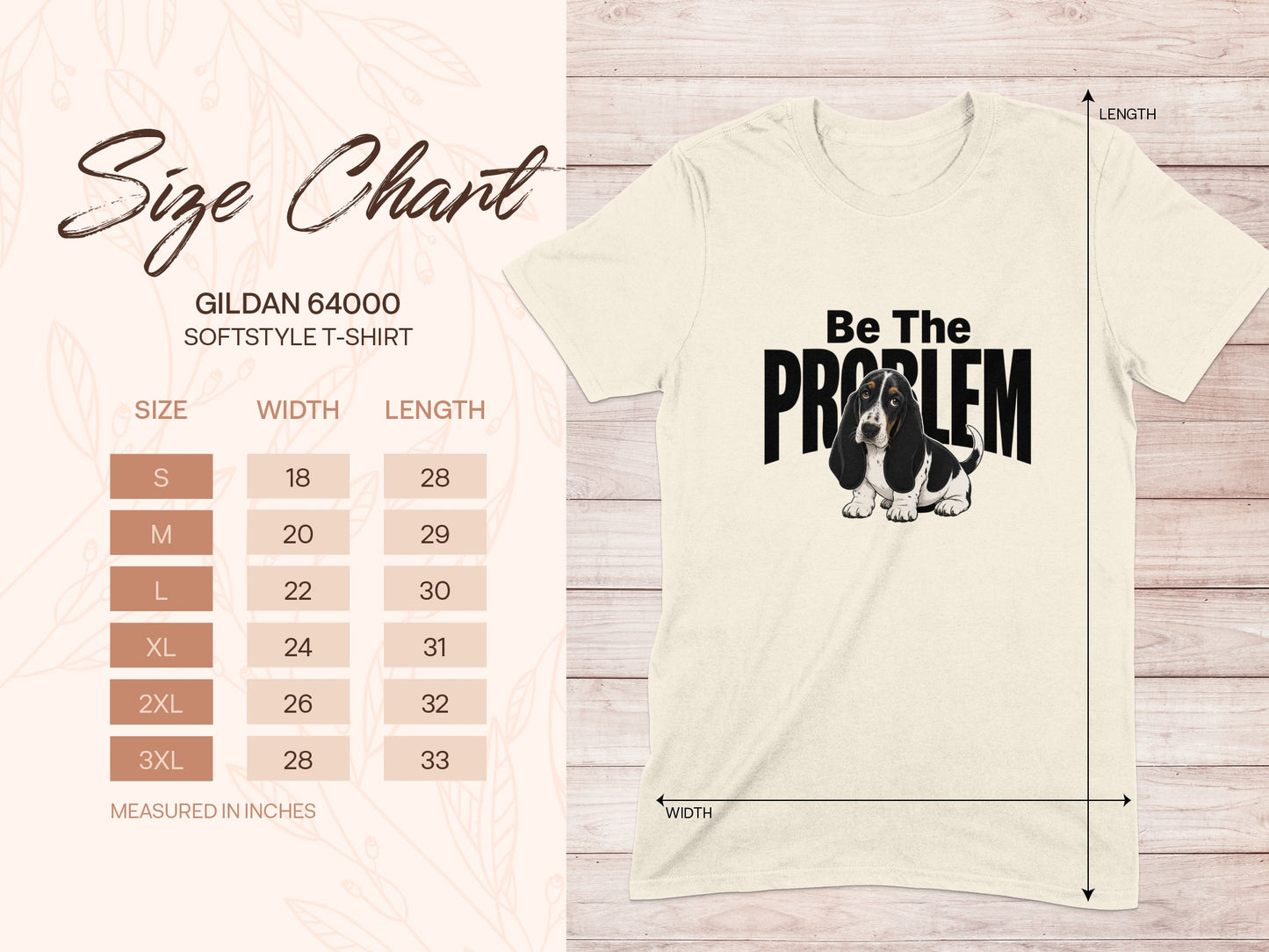 Gildan 64000 t-shirt size chart with a basset hound graphic.
