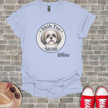 Light blue t-shirt with "Shih Tzu Mom" graphic and "Willow" text.