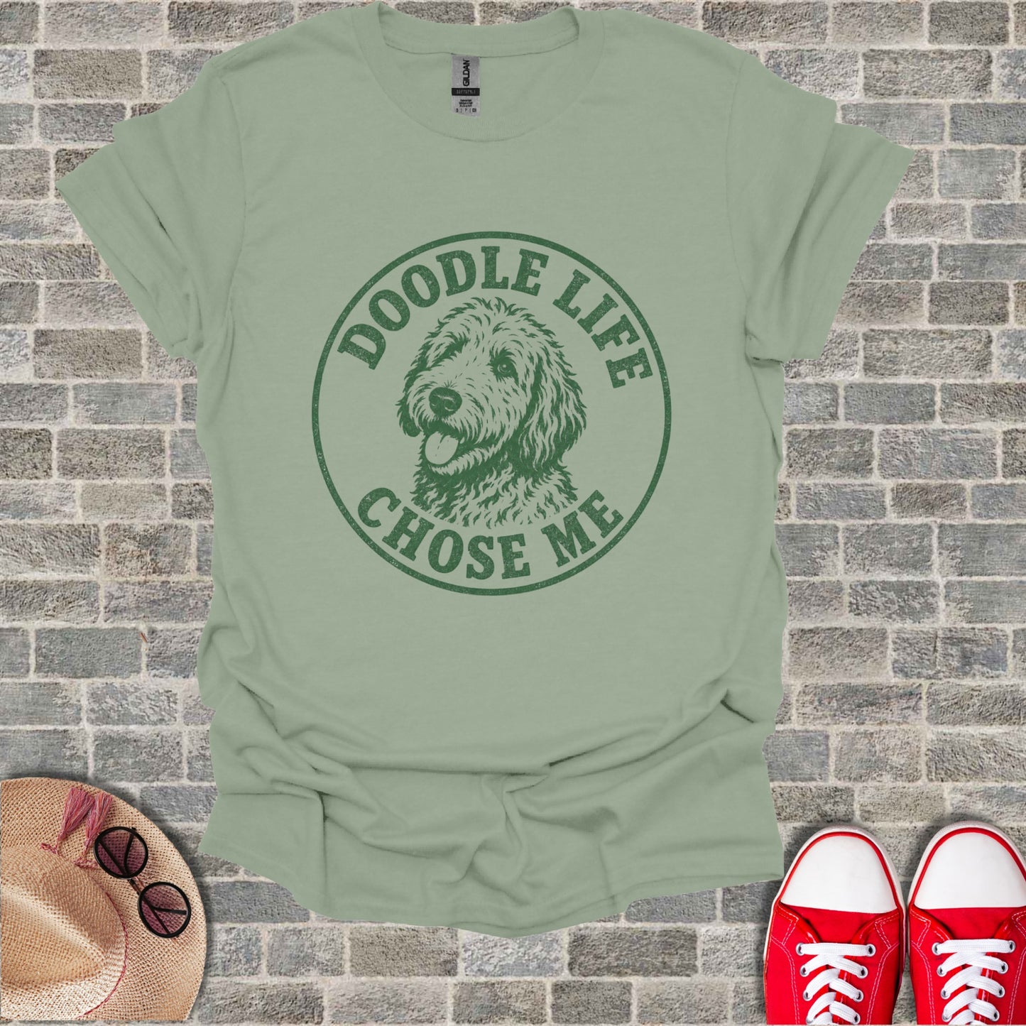Sage green t-shirt with green text and doodle dog graphic: Doodle Life Chose Me