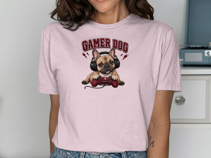 Pink t-shirt with a French bulldog wearing headphones and holding a video game controller.