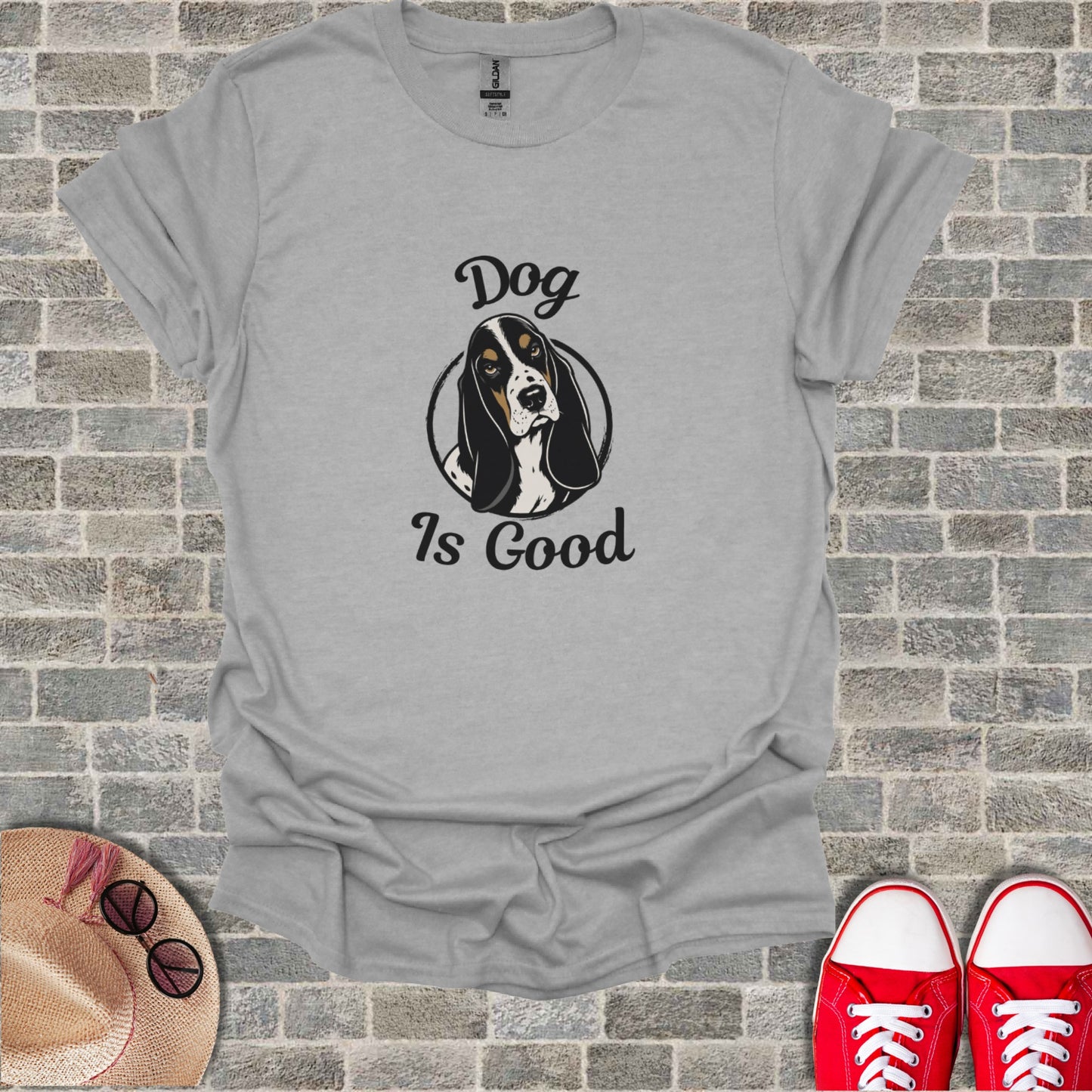Gray t-shirt with a Basset Hound graphic and text "Dog Is Good".