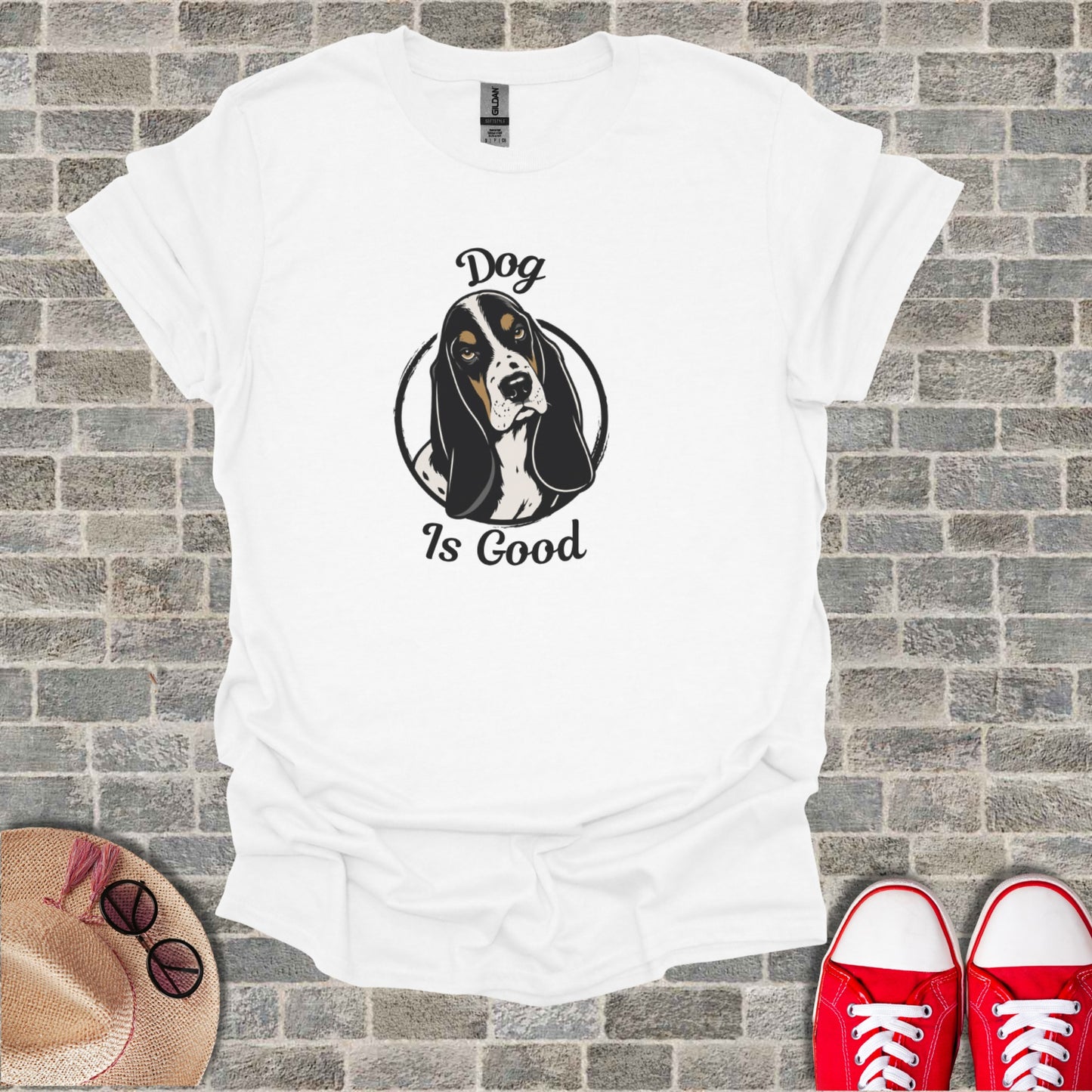 White t-shirt with Basset Hound dog illustration and text "Dog is Good".