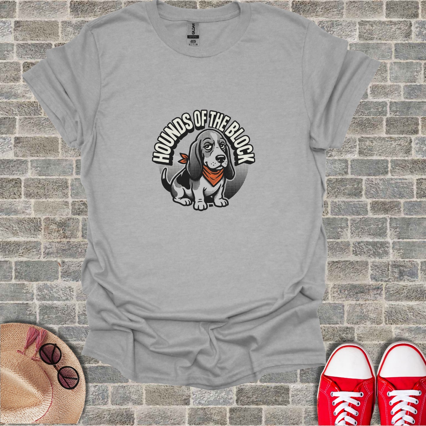 Gray t-shirt with "Hounds of the Block" graphic of a beagle wearing a bandana.