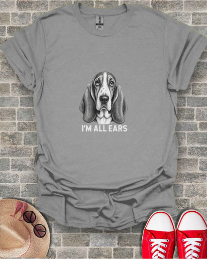 T-shirt with a drawing of a Basset Hound and text "I'M ALL EARS".