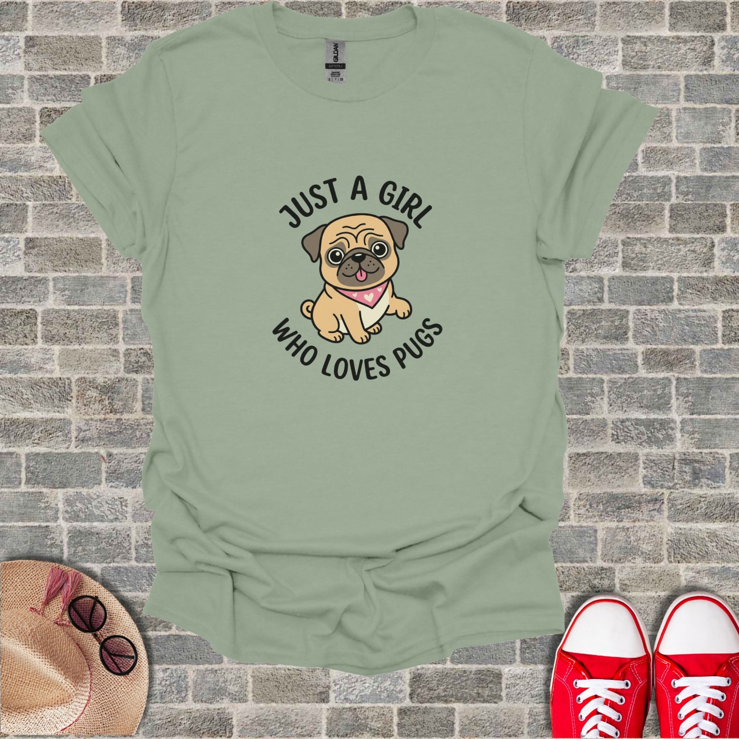 T-shirt with cartoon pug wearing a pink bandana, "Just a girl who loves pugs" text.