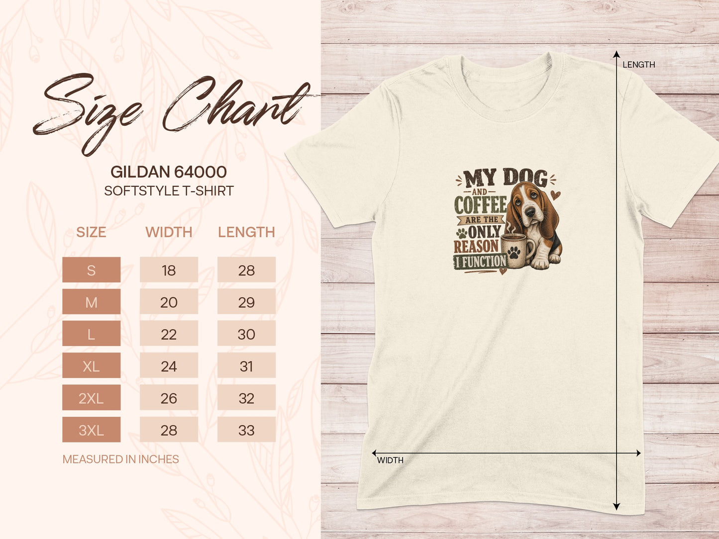 Gildan 64000 Softstyle t-shirt size chart with dog and coffee graphic.