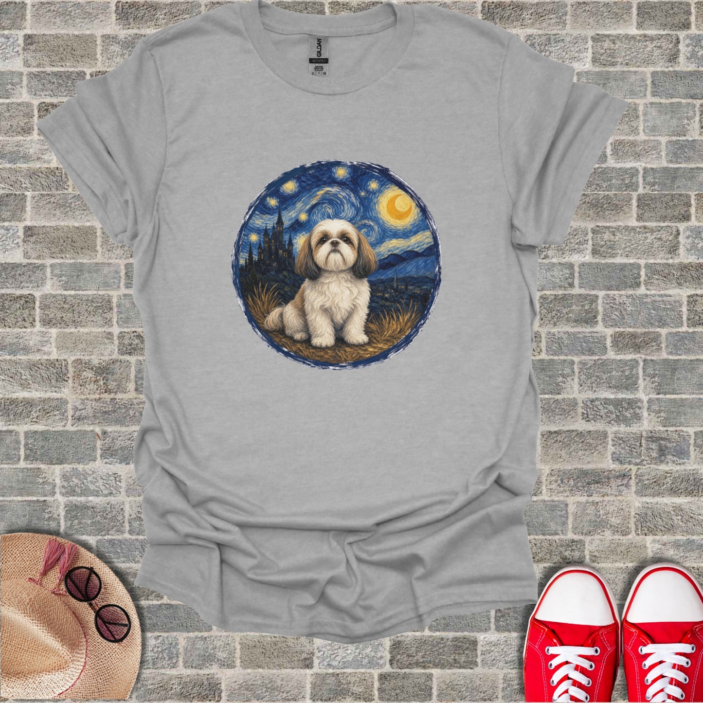 Shih Tzu dog in starry night scene on a grey t-shirt.