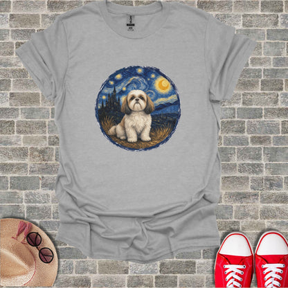 Shih Tzu dog in starry night scene on a grey t-shirt.