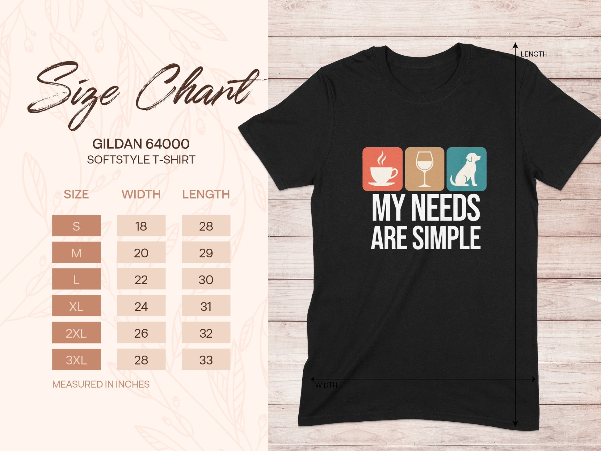 Black t-shirt with "My Needs Are Simple" and icons for coffee, wine, and dog. Size chart included.