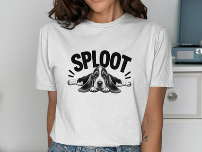 White t-shirt with black text "SPLOOT" above a Basset Hound dog.