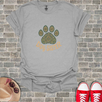 Gray t-shirt with a paw print design and "Dog Sister" text.