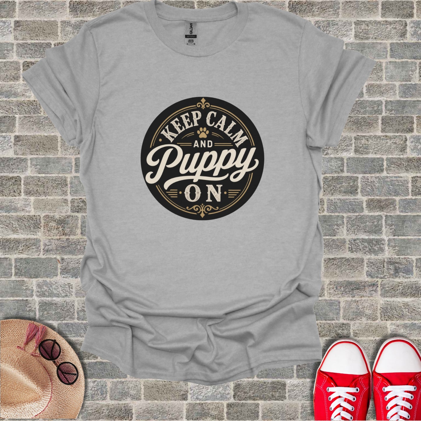Grey t-shirt with "Keep Calm And Puppy On" text and puppy silhouette.