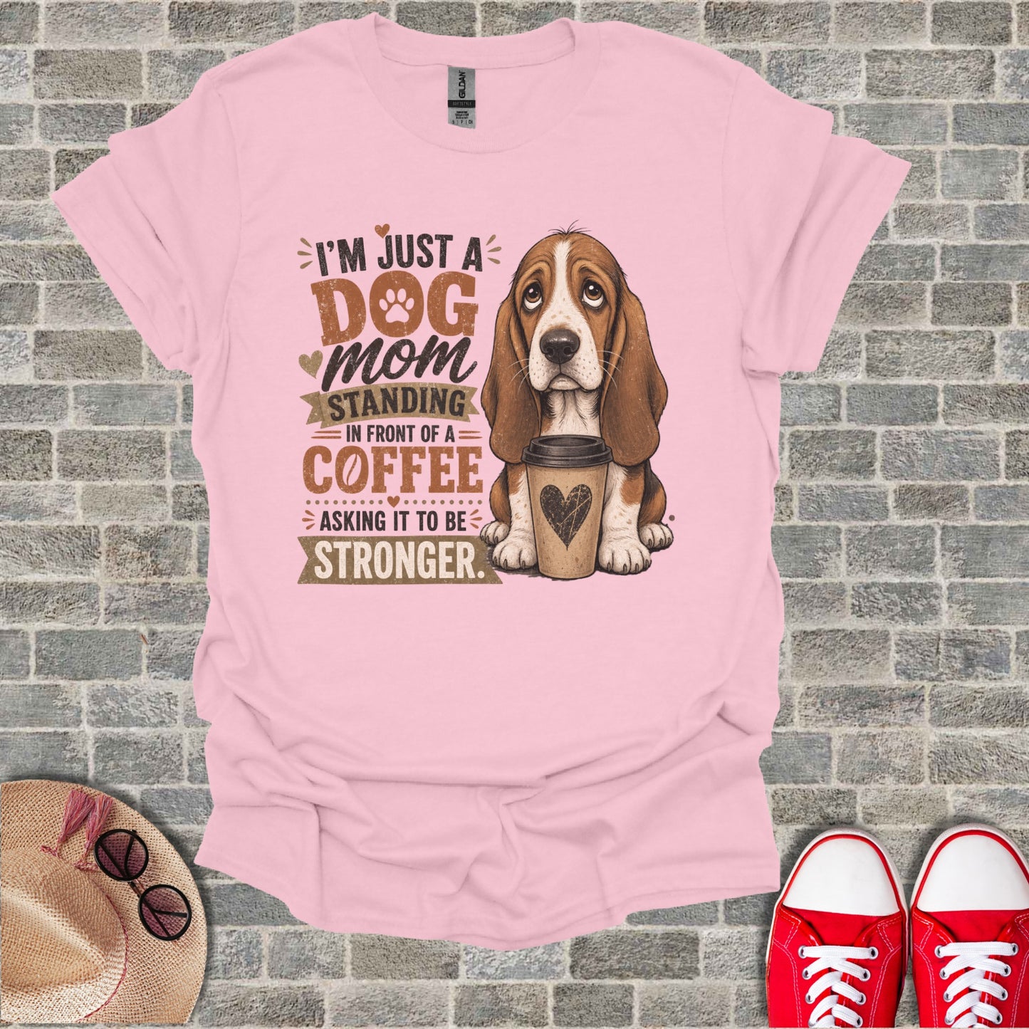 Pink t-shirt with a Basset Hound and "I'm just a dog mom" text.