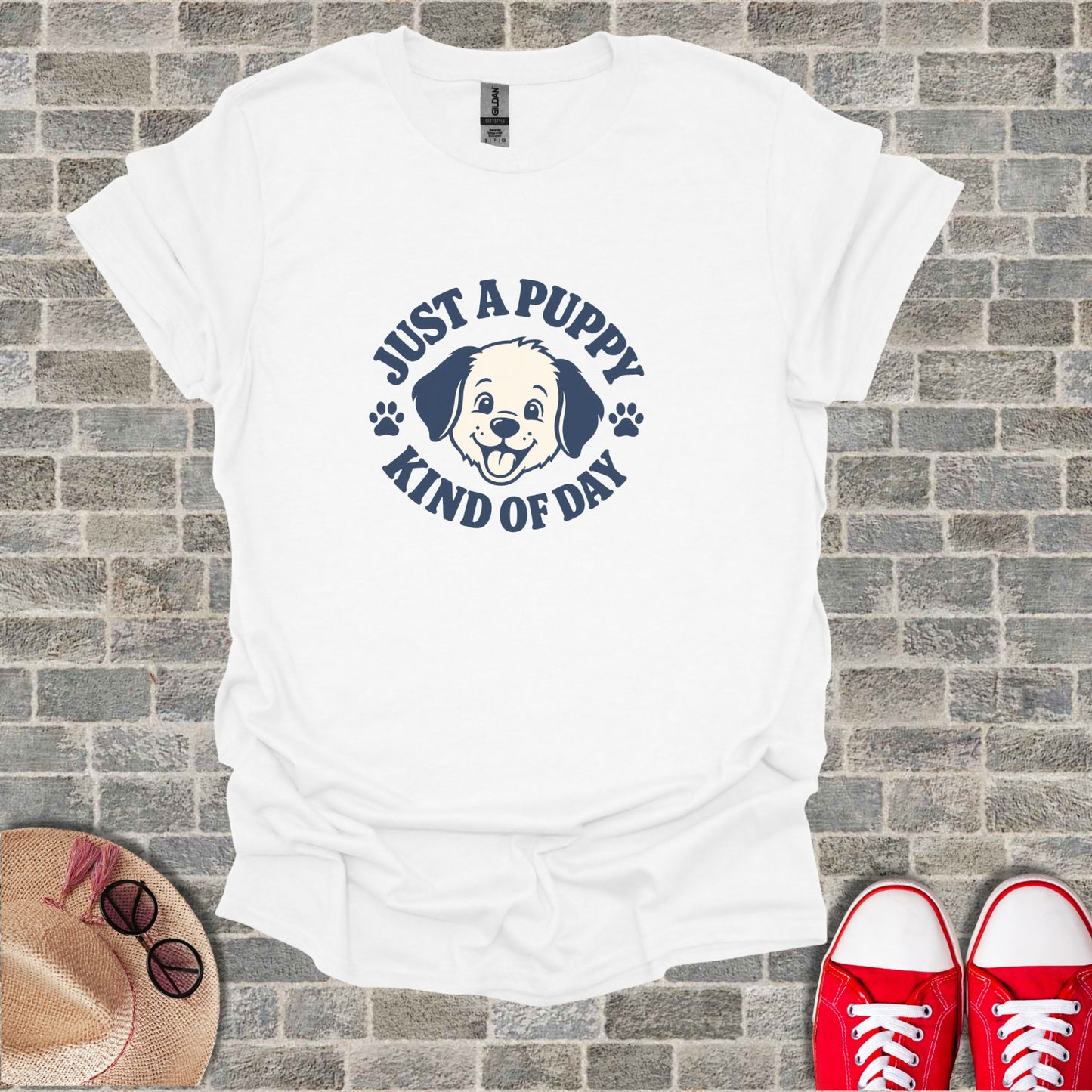 White t-shirt with "Just a puppy kind of day" text and puppy graphic.