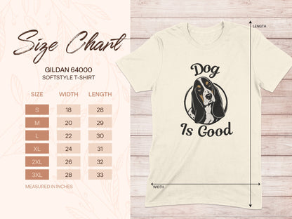 Gildan 64000 t-shirt size chart with dog graphic.