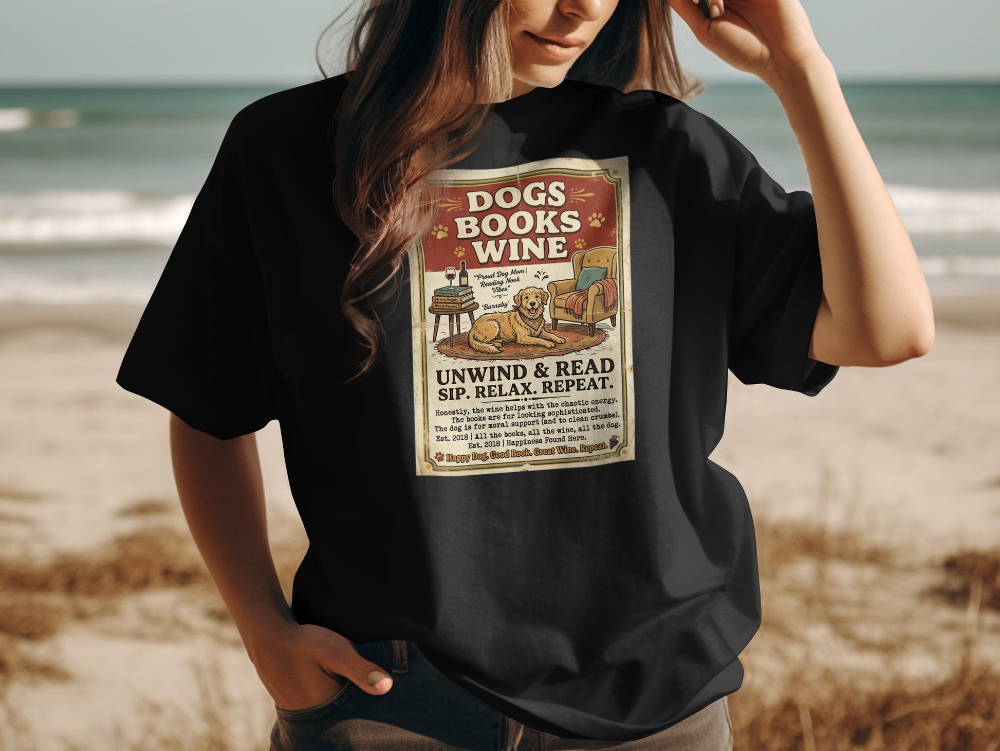 Black t-shirt with "Dogs Books Wine" graphic featuring a dog reading.
