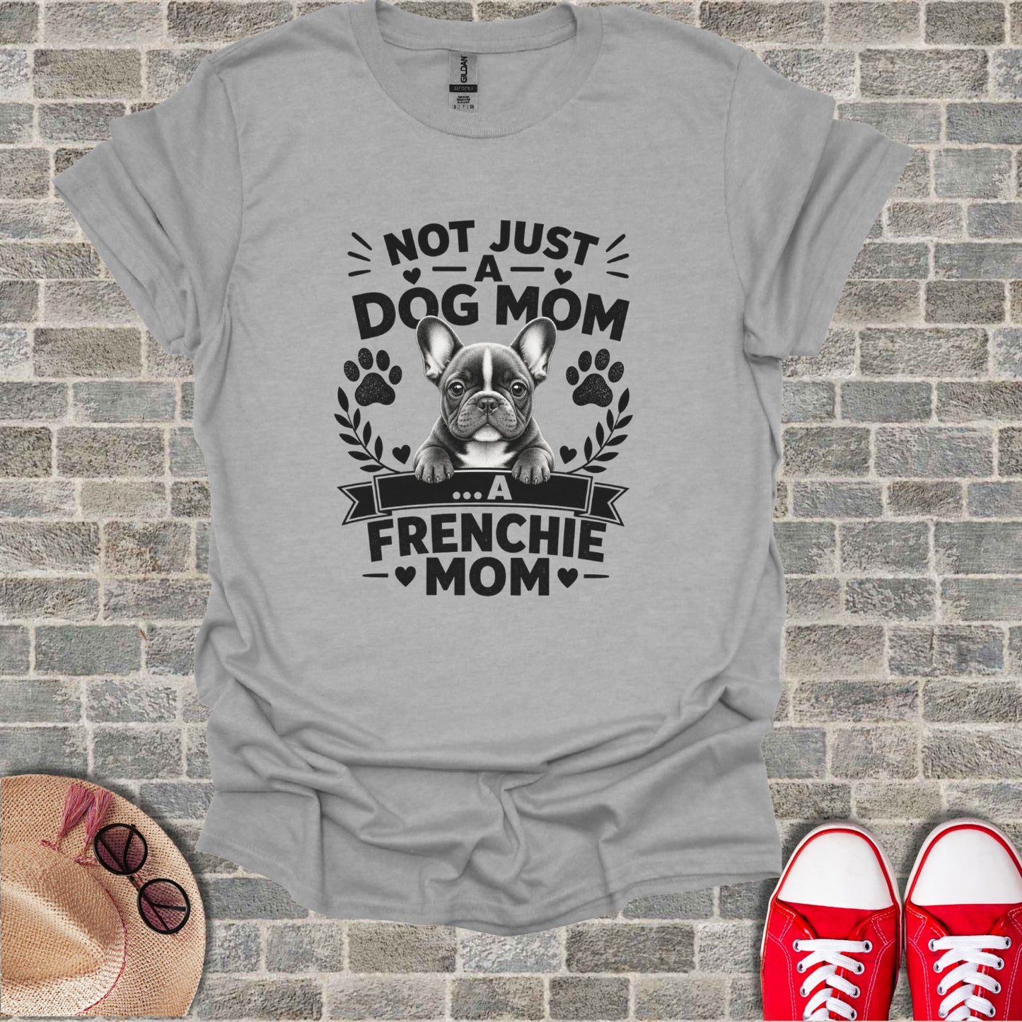 French bulldog graphic on gray t-shirt reads "Not Just a Dog Mom... A Frenchie Mom".