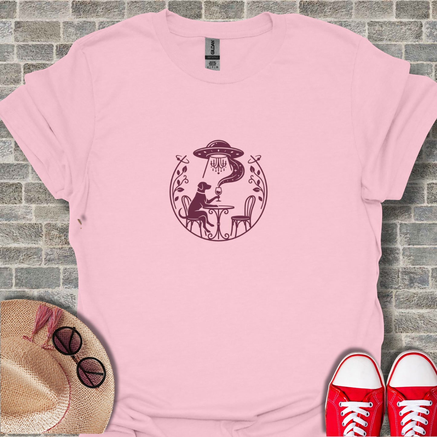 Dog with Wine Under a UFO Graphic Shirt